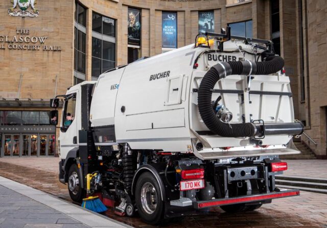 Back end of the bucher V65e, the electric version of the V65t truck mounted sweeper available for hire.